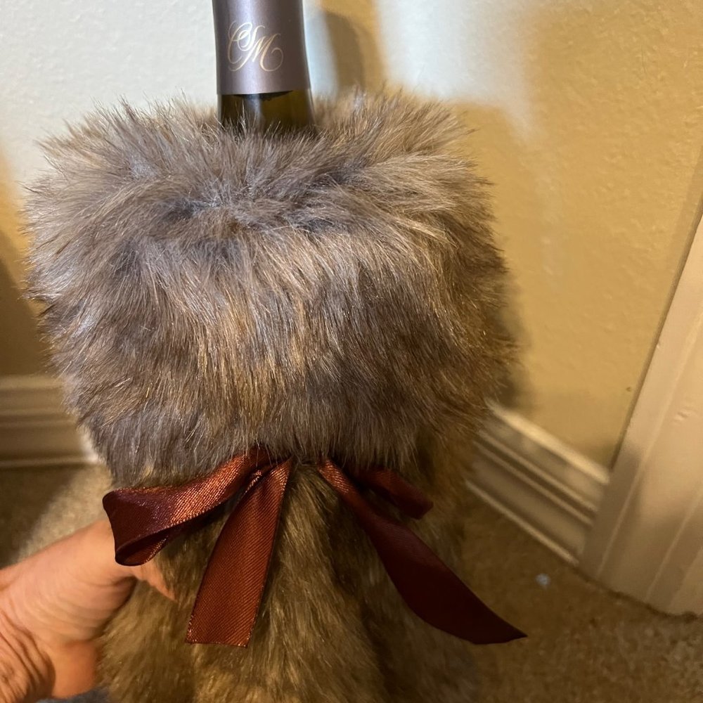 Wine Gift Bag, faux fur, brown, 2-way to use